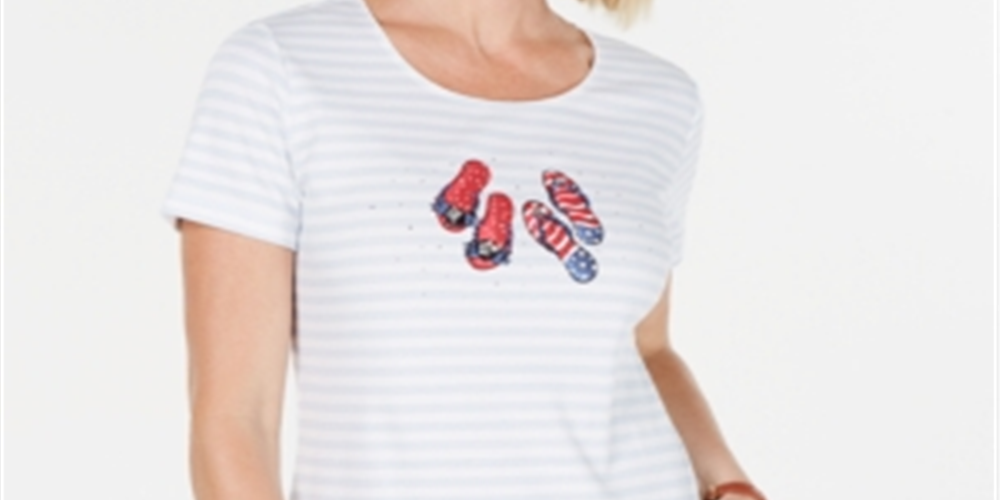 Karen Scott Women's Striped Graphic T-Shirt Blue Size Petite Large