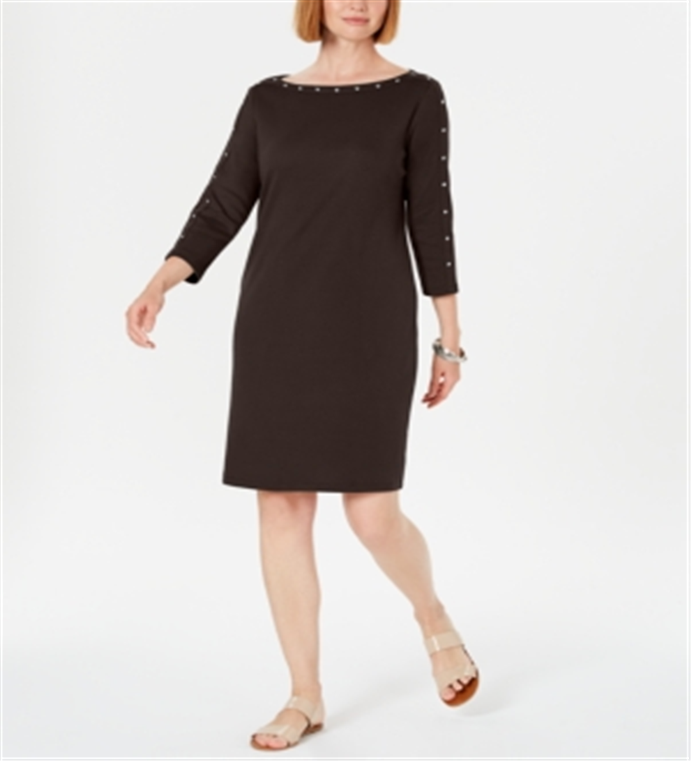Karen Scott Women's Sport Cotton Studded 3/4 Sleeve Shift Dress Chocolate Size Small