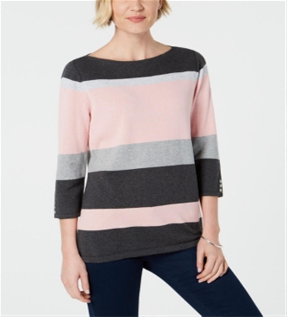 Karen Scott Women's Cotton Striped Sweater Pink Size Petite Medium