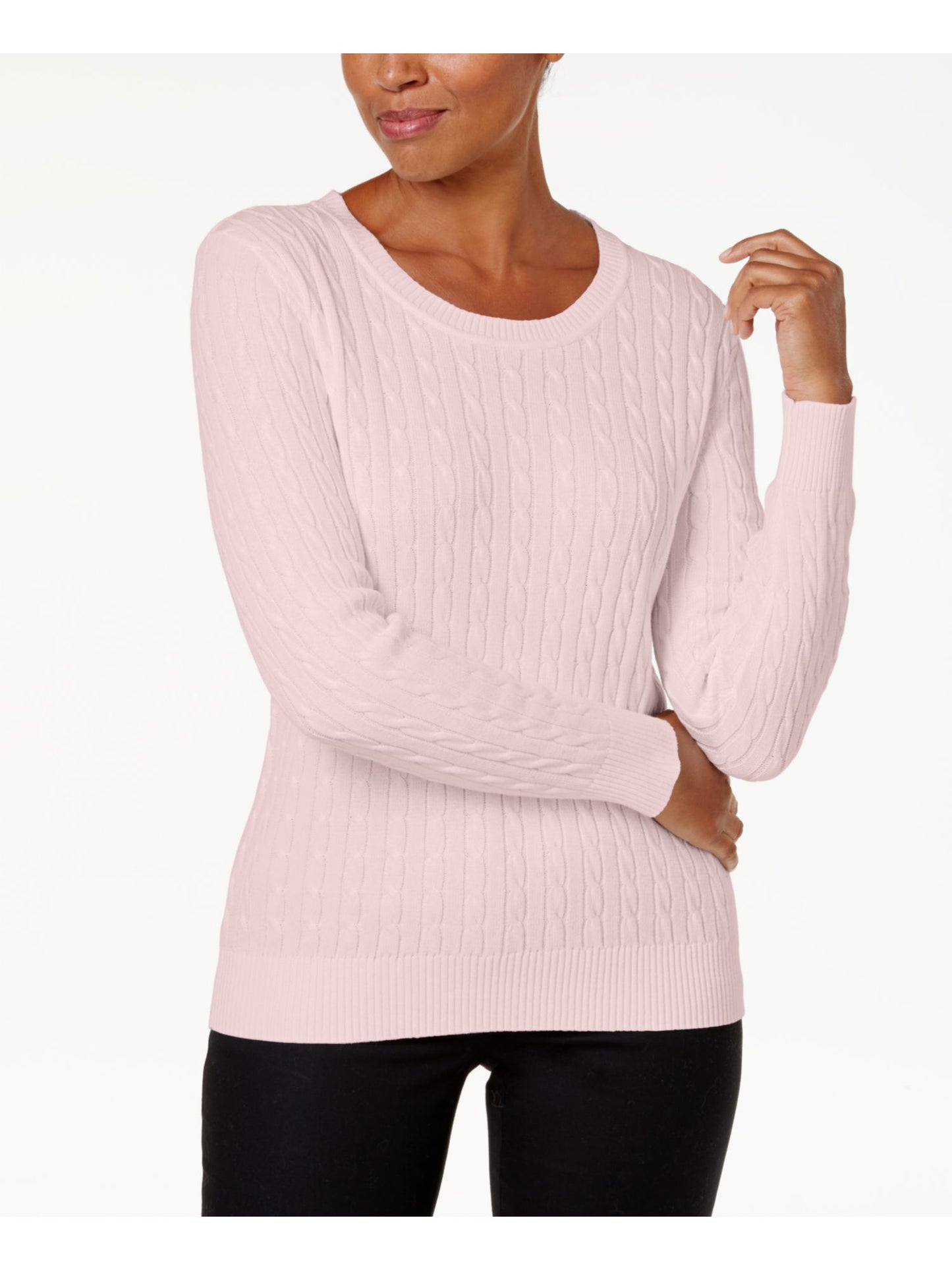 Karen Scott Women's Stretch Cable Knit Long Sleeve Jewel Neck Sweater Pink Size Petite Large