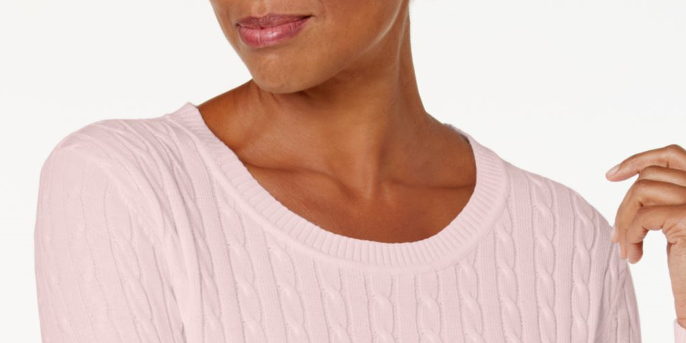Karen Scott Women's Stretch Cable Knit Long Sleeve Jewel Neck Sweater Pink Size Petite Large