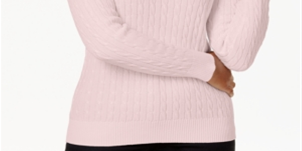 Karen Scott Women's Stretch Cable Knit Long Sleeve Jewel Neck Sweater Pink Size Petite Large