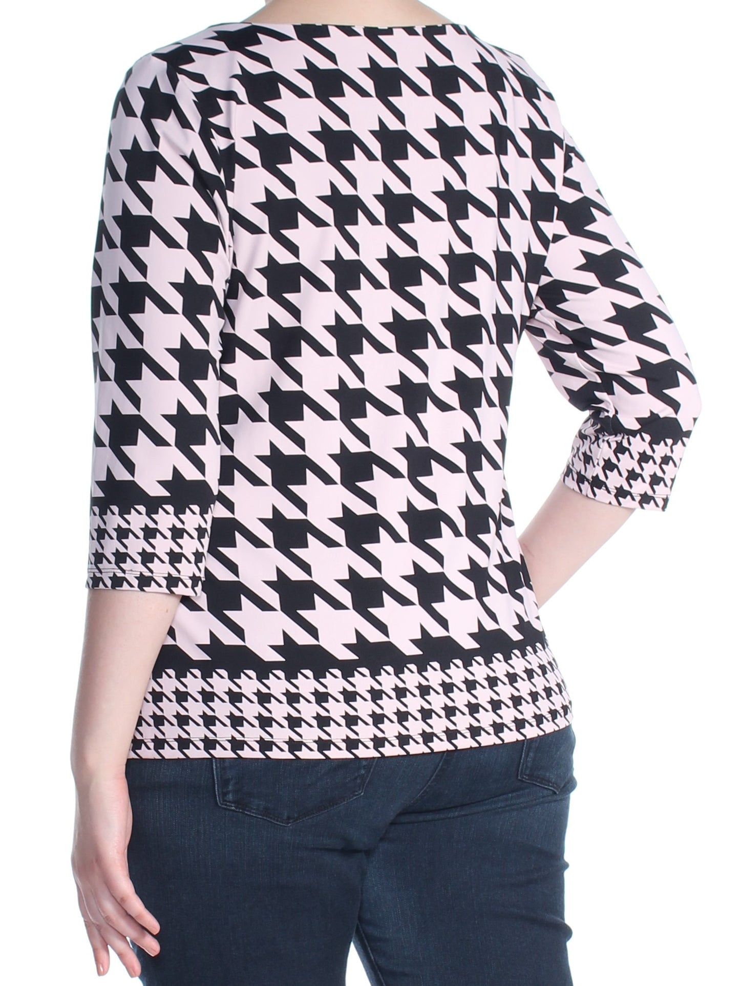Charter Club Women's Houndstooth 3/4 Sleeve Top Pink Size X-Large