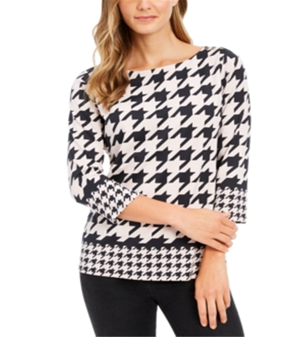 Charter Club Women's Houndstooth 3/4 Sleeve Top Pink Size X-Large