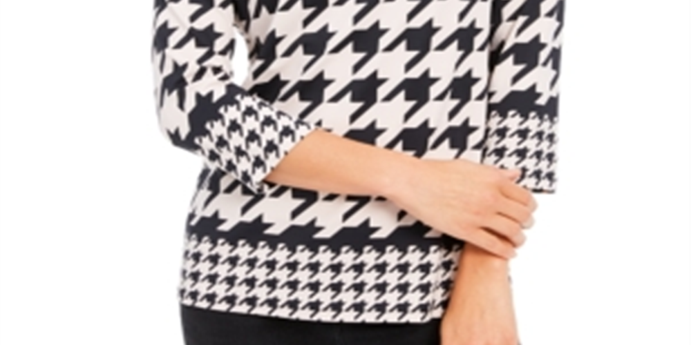 Charter Club Women's Houndstooth 3/4 Sleeve Top Pink Size X-Large