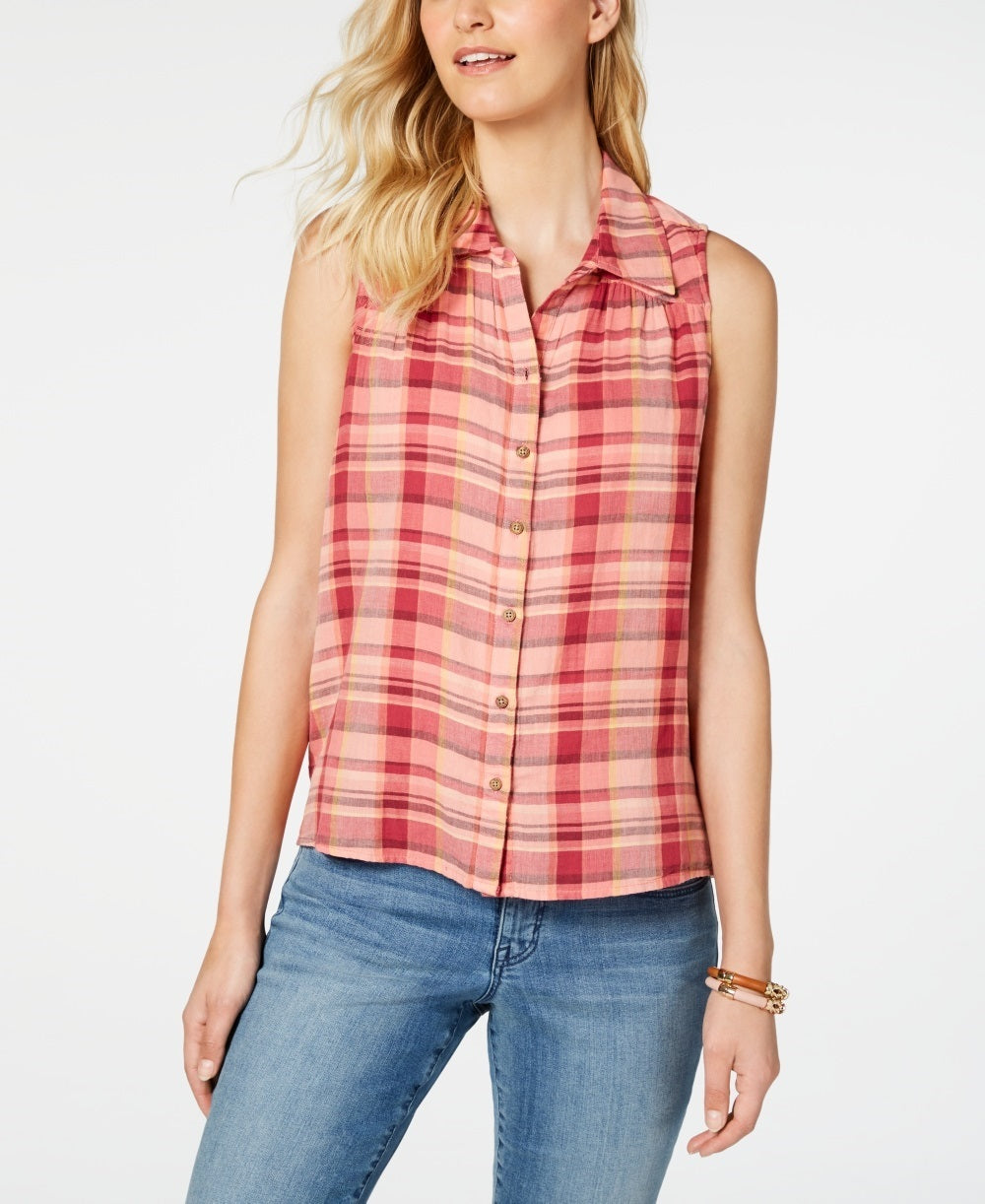 Style & Co Women's Plaid Sleeveless Top Pink Size Large