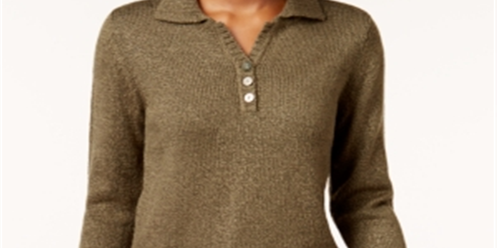 Karen Scott Women's Textured Heather Long Sleeve Collared Sweater Green Size Petite X-Large