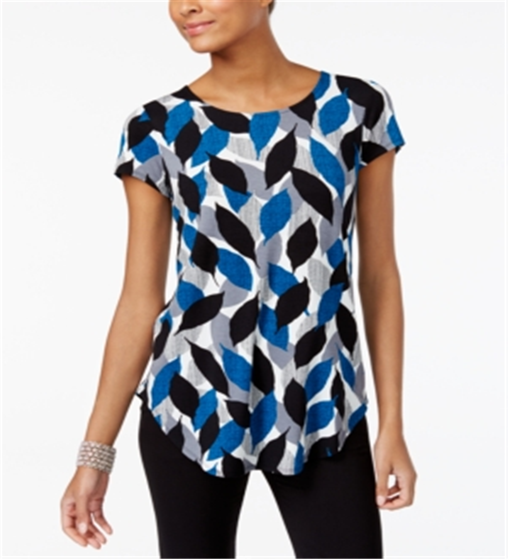 Alfani Women's Printed Round-Hem T-Shirt Teal Size Petite L