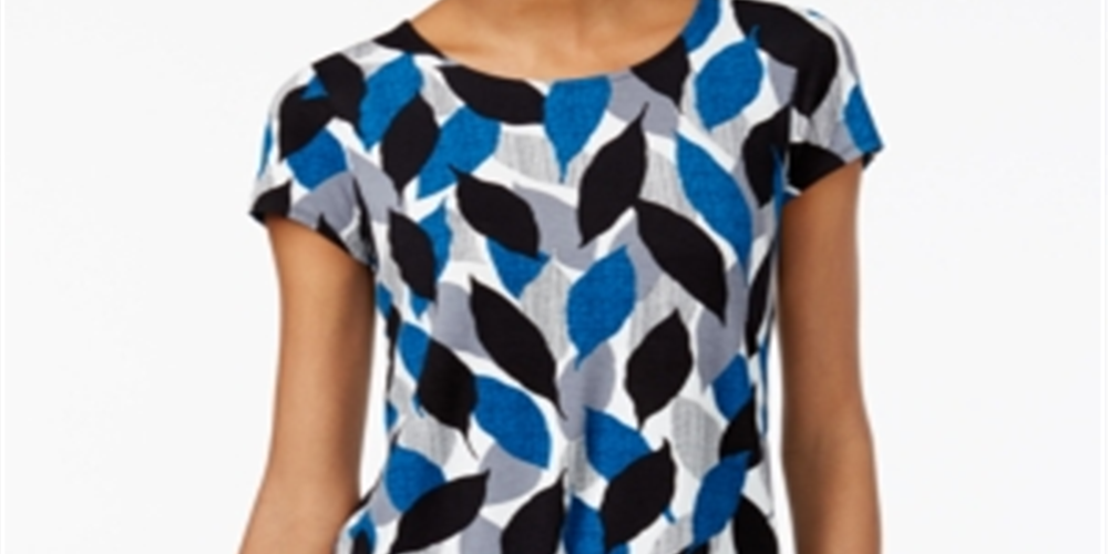 Alfani Women's Printed Round-Hem T-Shirt Teal Size Petite L
