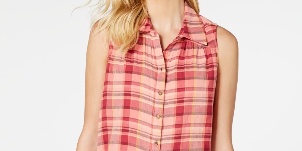 Style & Co Women's Plaid Sleeveless Top Beige Size X-Large