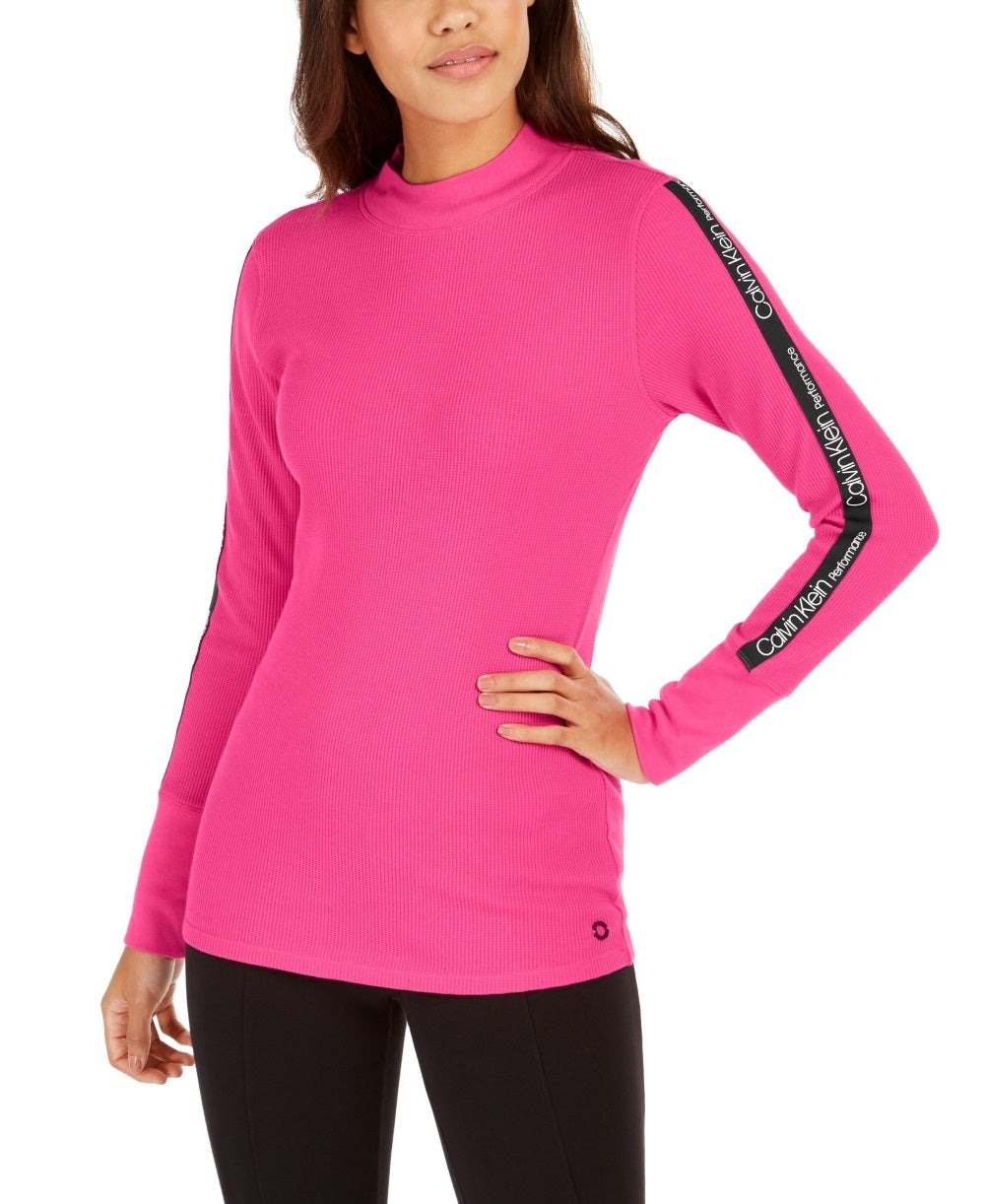 Calvin Klein Women's Performance Logo Stripe Mock Neck T Shirt Pink Size Medium