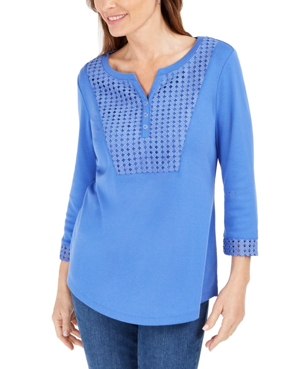 Karen Scott Women's Crochet Trim Henley Top Blue Size Large