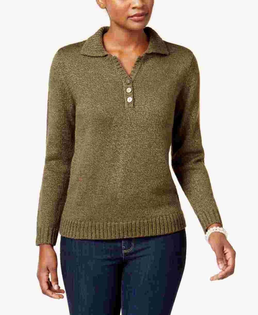Karen Scott Women's Textured Heather Long Sleeve Collared Sweater Green Size Ps