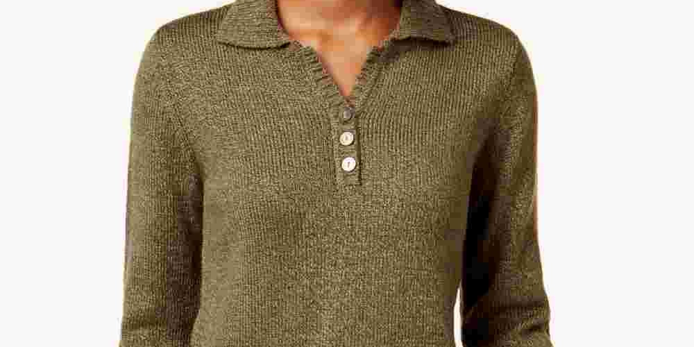 Karen Scott Women's Textured Heather Long Sleeve Collared Sweater Green Size Ps