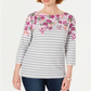 Karen Scott Women's Boatneck Stripe Long Sleeve with Floral Neckline and Beads Top Red Size Petite Large