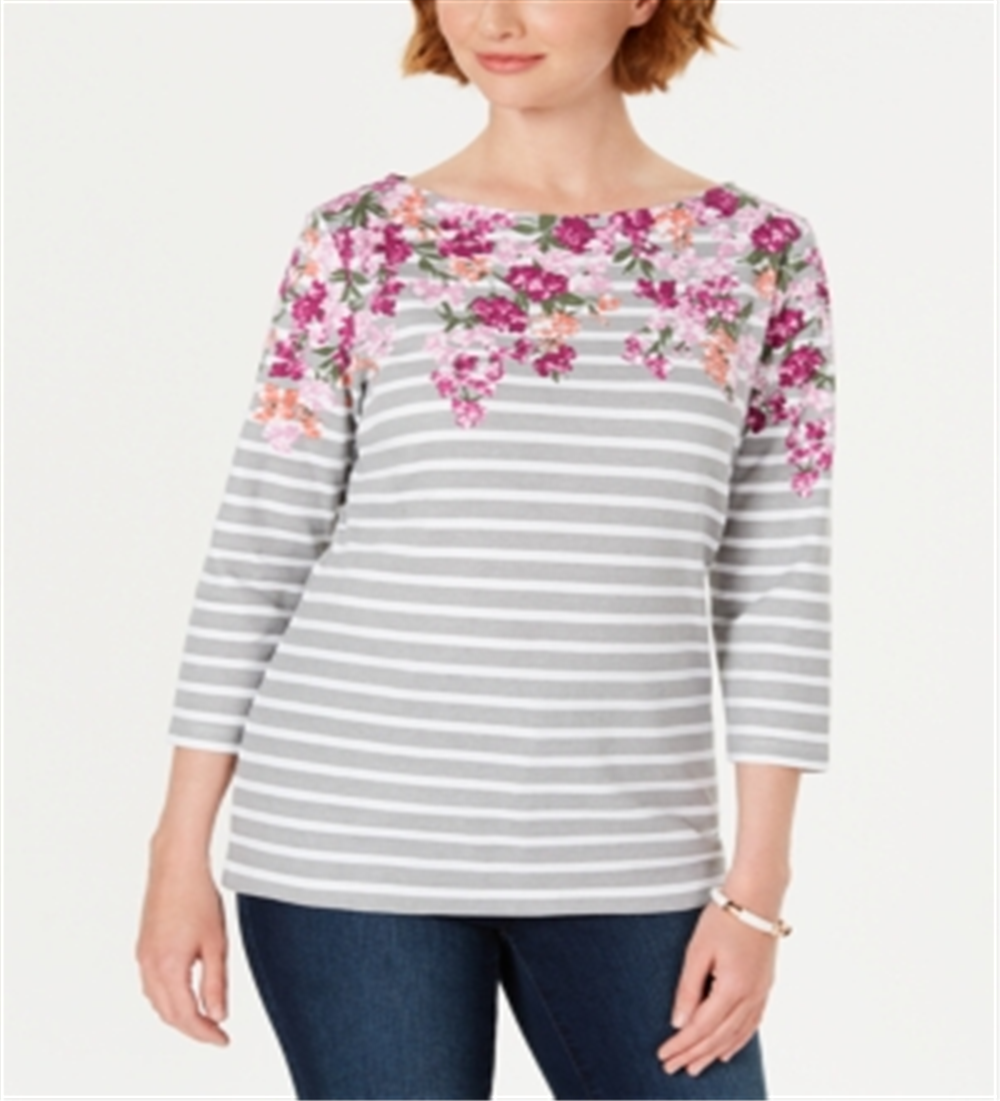 Karen Scott Women's Boatneck Stripe Long Sleeve with Floral Neckline and Beads Top Red Size Petite Large