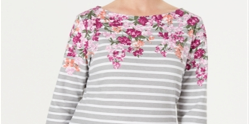 Karen Scott Women's Boatneck Stripe Long Sleeve with Floral Neckline and Beads Top Red Size Petite Large
