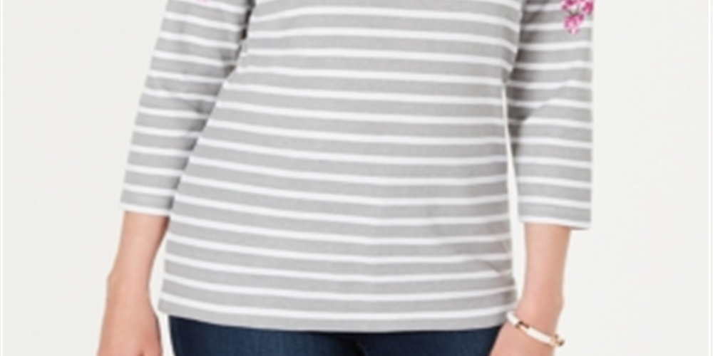 Karen Scott Women's Boatneck Stripe Long Sleeve with Floral Neckline and Beads Top Red Size Petite Large