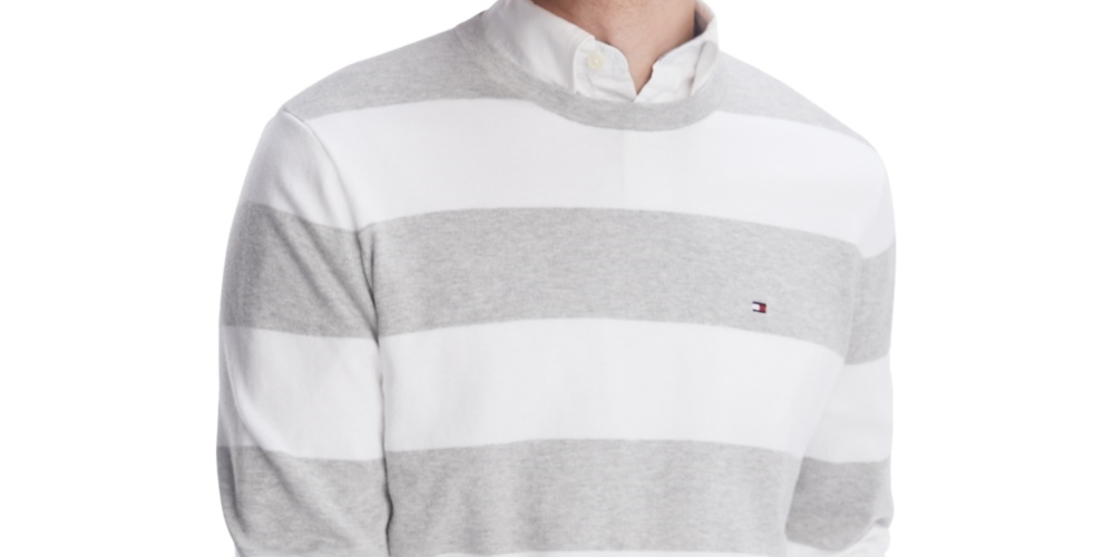 Tommy Hilfiger Men's Signature Rugby Striped Sweater Silver Size Large