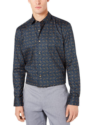 Bar III Men's Stretch Slim Fit Dress Shirt Navy-Orange Size S