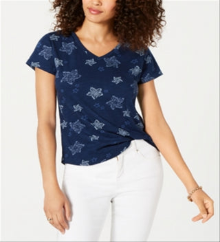 Style & Co Women's Printed V Neck T-Shirt Blue Size -Petite L