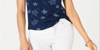 Style & Co Women's Printed V Neck T-Shirt Blue Size -Petite L