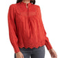 Lucky Brand Women's Cora Pintuck Embroidered Eyelet Peasant Blouse Red Size Medium
