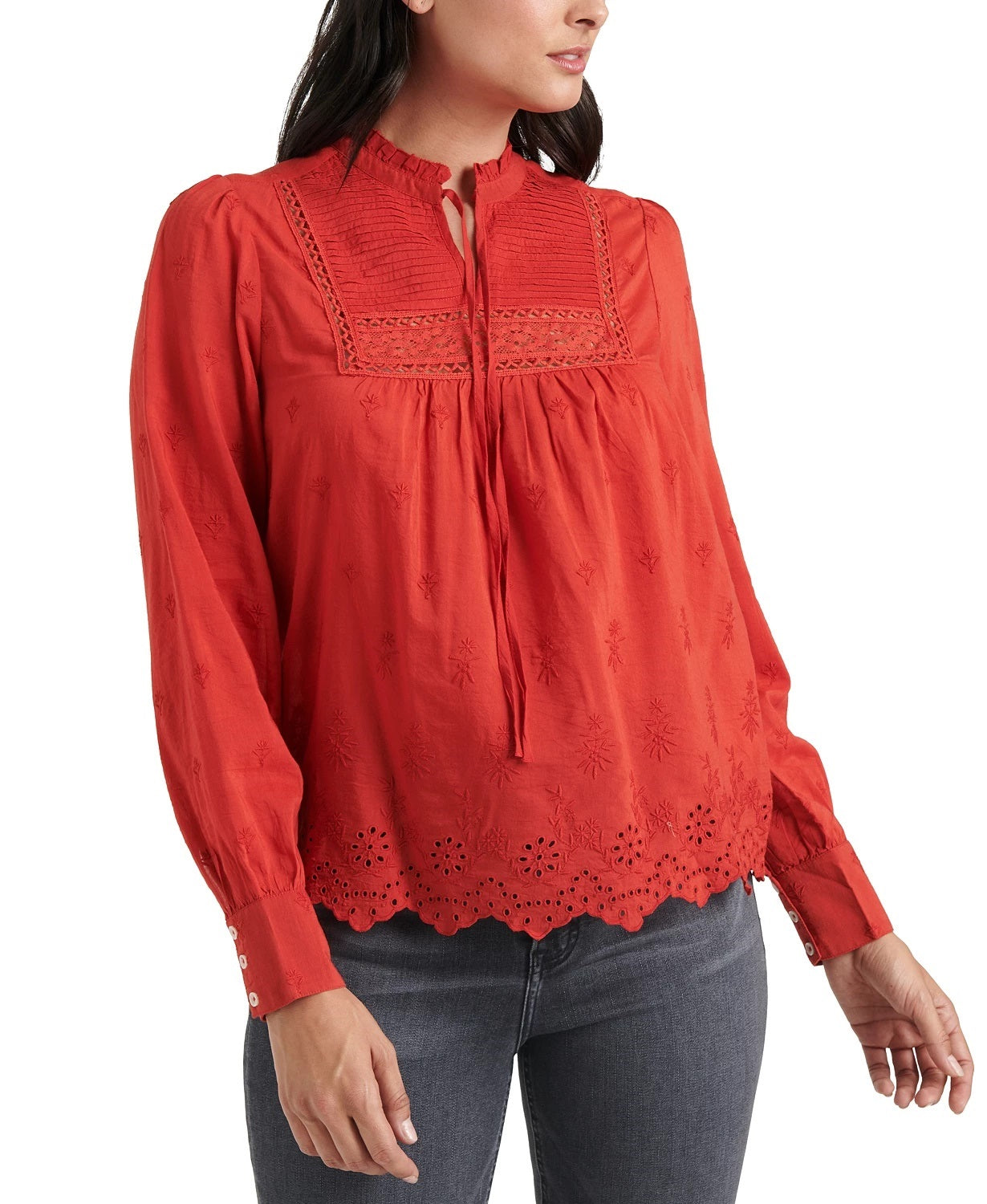 Lucky Brand Women's Cora Pintuck Embroidered Eyelet Peasant Blouse Red Size Medium