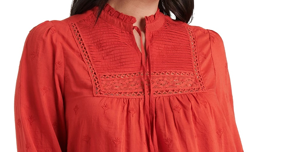 Lucky Brand Women's Cora Pintuck Embroidered Eyelet Peasant Blouse Red Size Medium