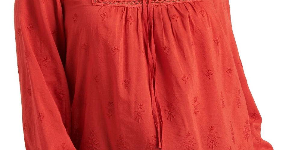Lucky Brand Women's Cora Pintuck Embroidered Eyelet Peasant Blouse Red Size Medium