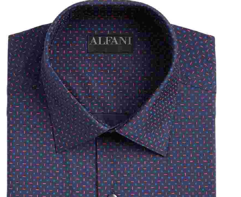 Alfani Men's Printed Collared Slim Fit Stretch Dress Shirt Navy Size 15.5X34-35