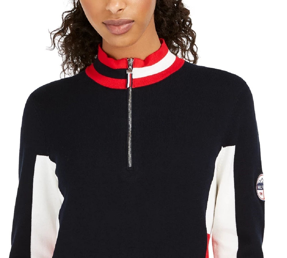 Tommy Hilfiger Women's Cotton Mock-Neck Flag Sweater Blue Size Medium