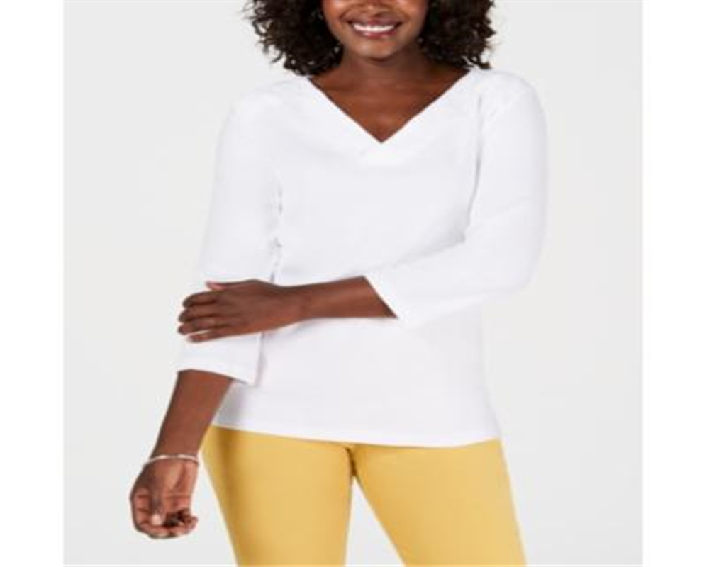 Karen Scott Women's Eyelet V Neck Cotton Top White Size Petite L