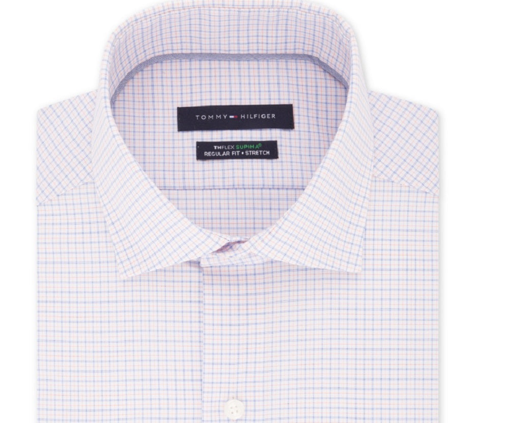 Tommy Hilfiger Men's Classic/Regular Fit Non-Iron Thflex Supima Stretch Check Dress Shirt Bright Blue Size 15.5X34-35