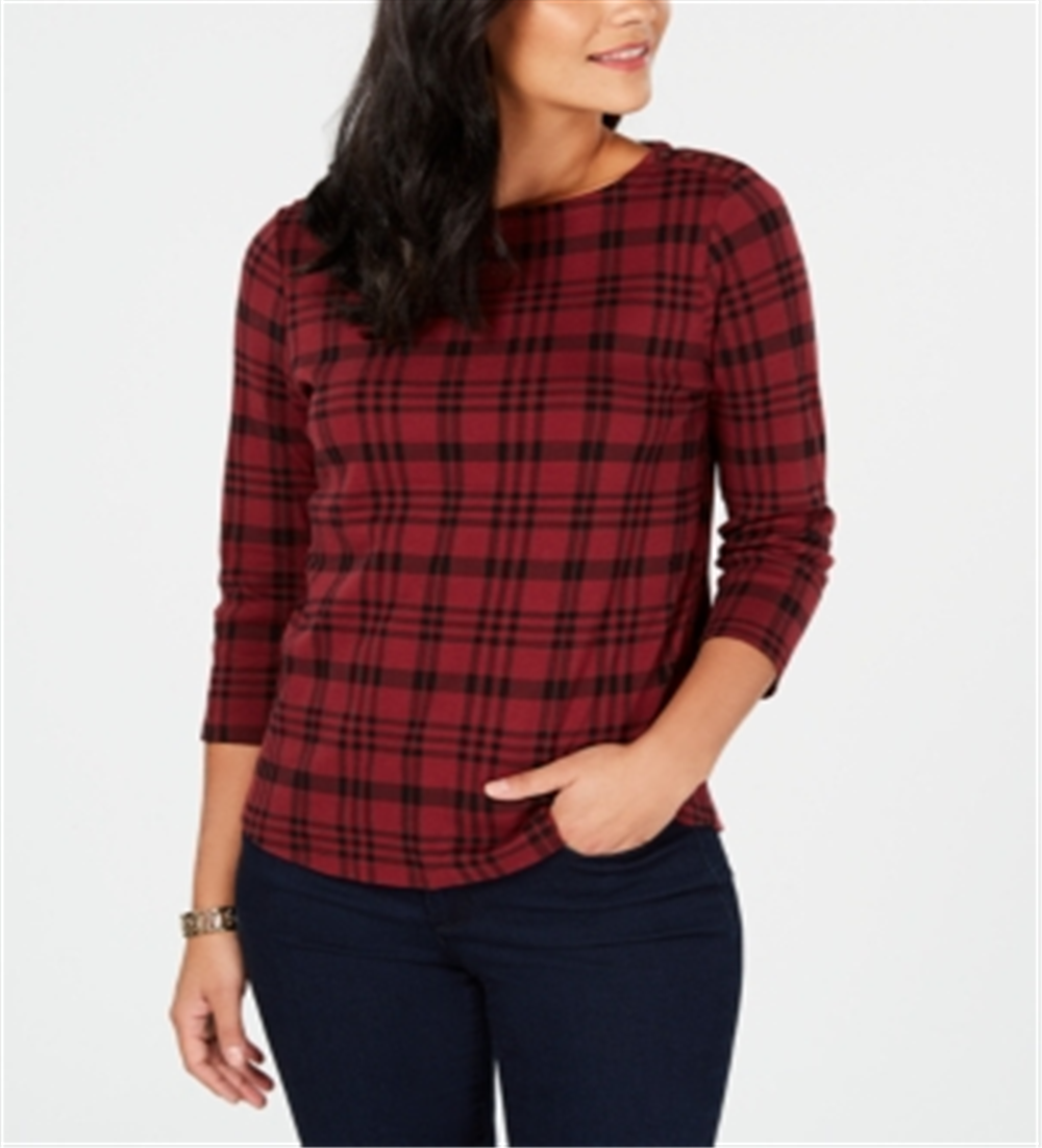 Charter Club Women's Pima Cotton Button Shoulder Print Top Cranberry Size Petite L