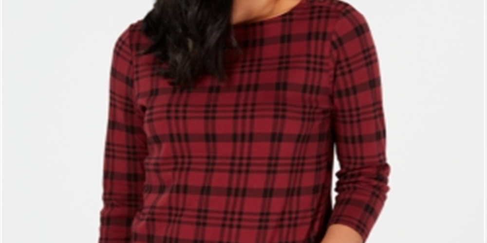 Charter Club Women's Pima Cotton Button Shoulder Print Top Cranberry Size Petite L