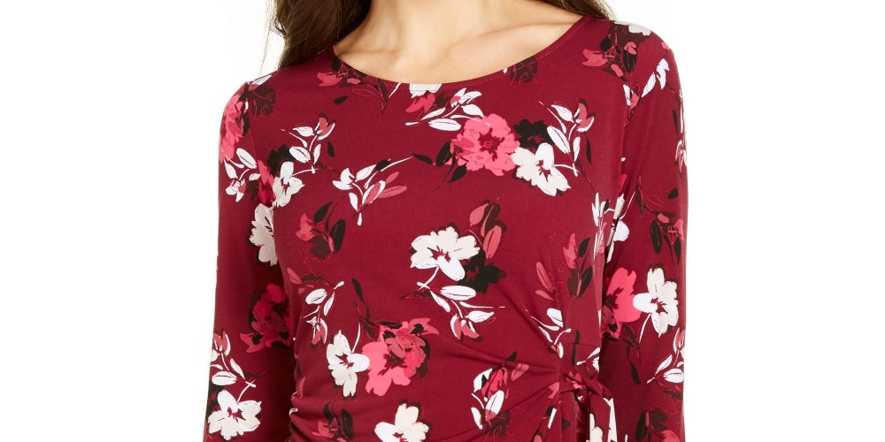 Alfani Women's Petite Printed Side-Tie Top Red Size Small
