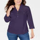 Karen Scott Women's Cotton Johnny Collar Utility Shirt -Purple Size Large