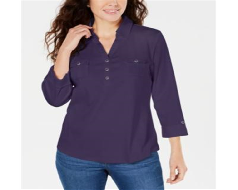 Karen Scott Women's Cotton Johnny Collar Utility Shirt -Purple Size Large