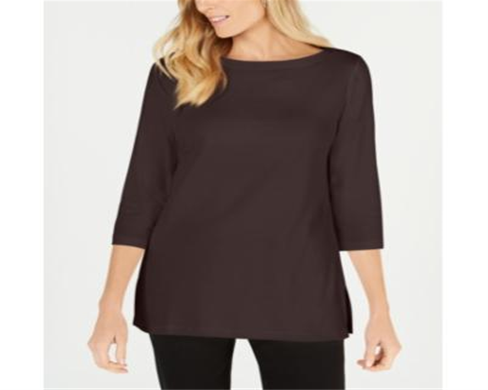 Karen Scott Women's Cotton Boat Neck 3/4 Sleeve Knit Top Brown Size Large