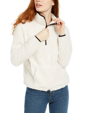 No Boundaries Juniors' Quarter-Zip Sherpa Pullover Sweater Brown Size Small