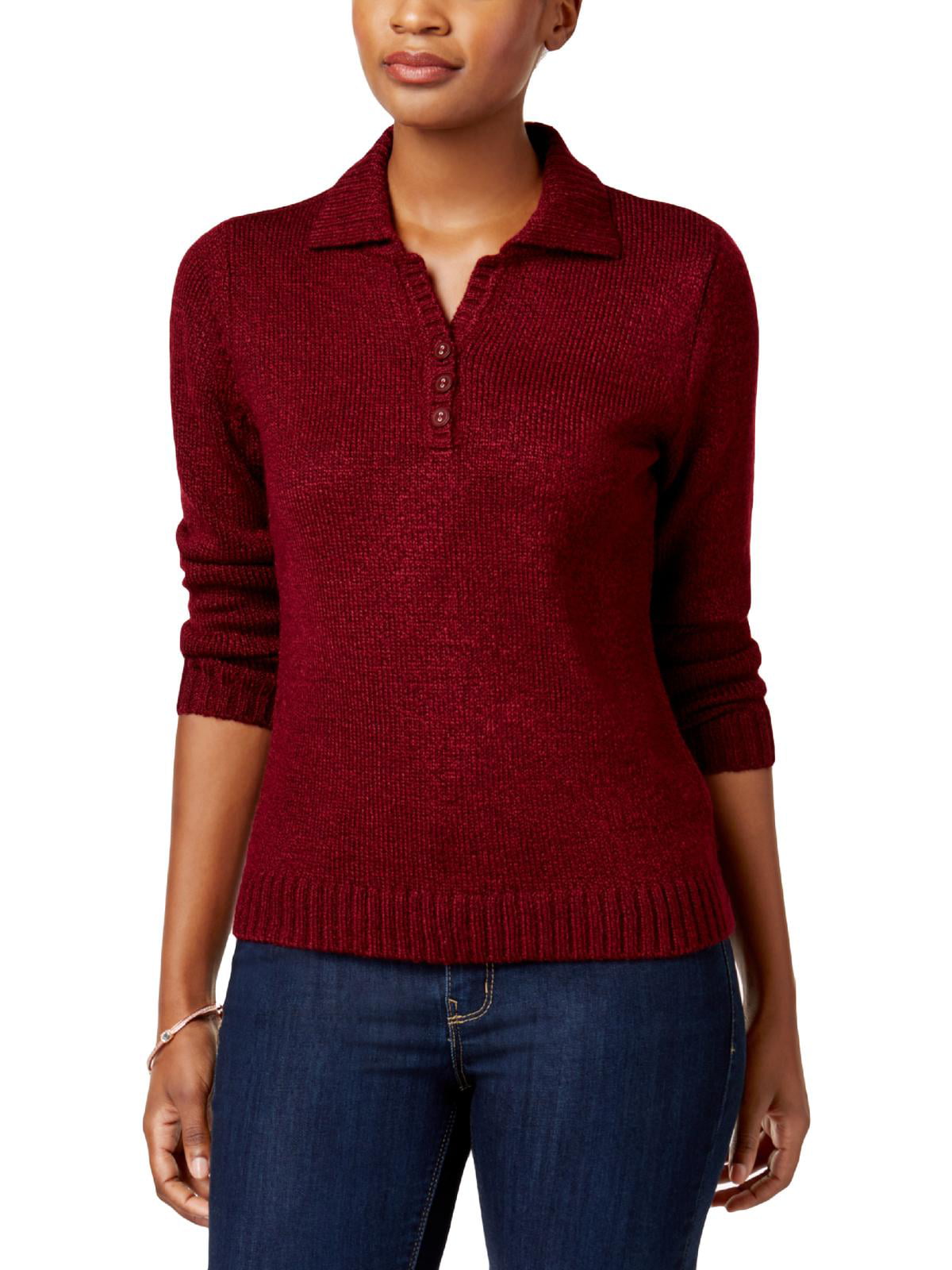 Karen Scott Women's Point Collar Sweater Maroon  Size -Petite L