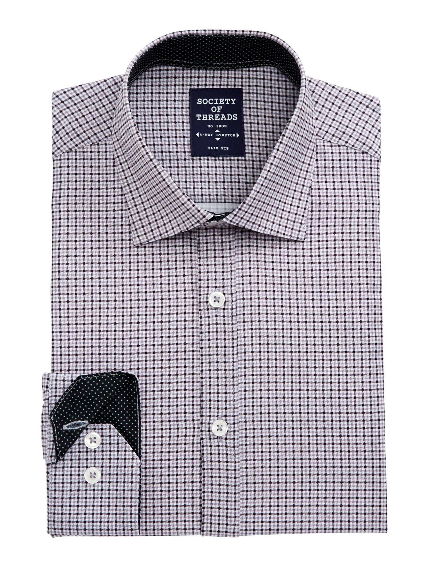 SOCIETY of THREADS Men's Check Collared Slim Fit Dress Shirt Black Size XL17.5x34-35