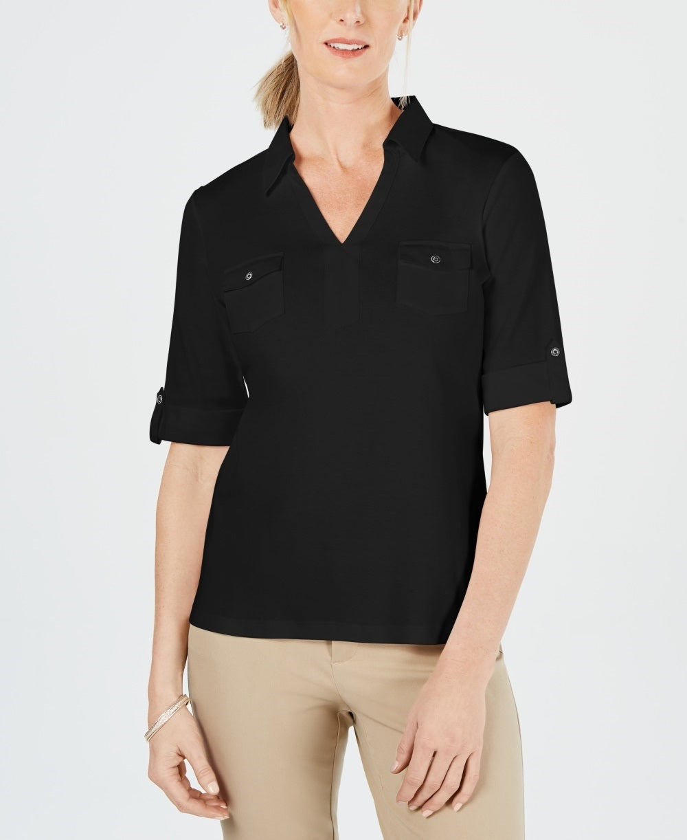 Karen Scott Women's Cotton Johnny-Collar Top Black Size Small