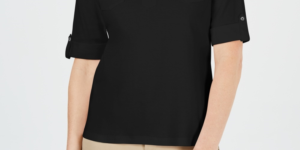 Karen Scott Women's Cotton Johnny-Collar Top Black Size Small