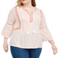 Style & Co Women's Plus Crochet Trim Bell Sleeve Peasant Top White/Pink strip Size 0X