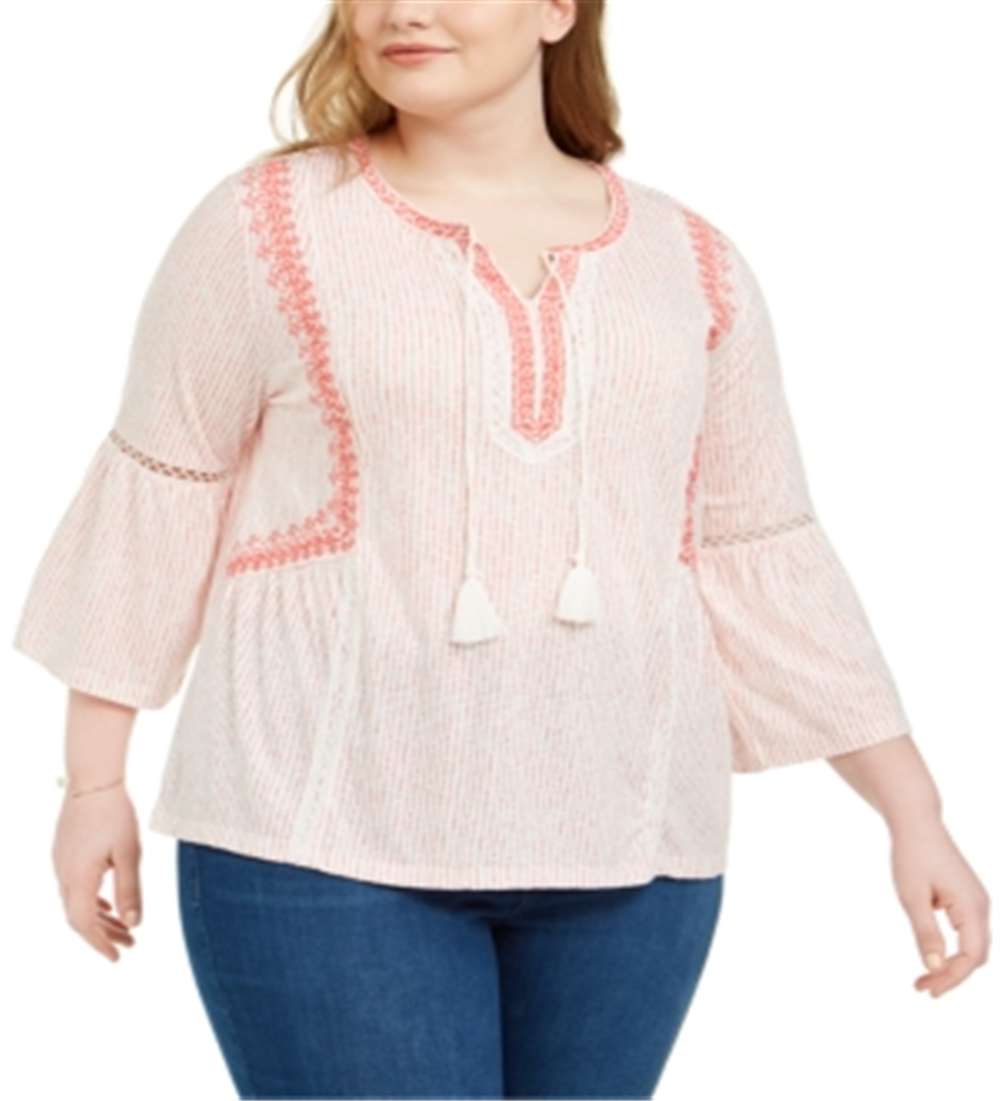 Style & Co Women's Plus Crochet Trim Bell Sleeve Peasant Top White/Pink strip Size 0X