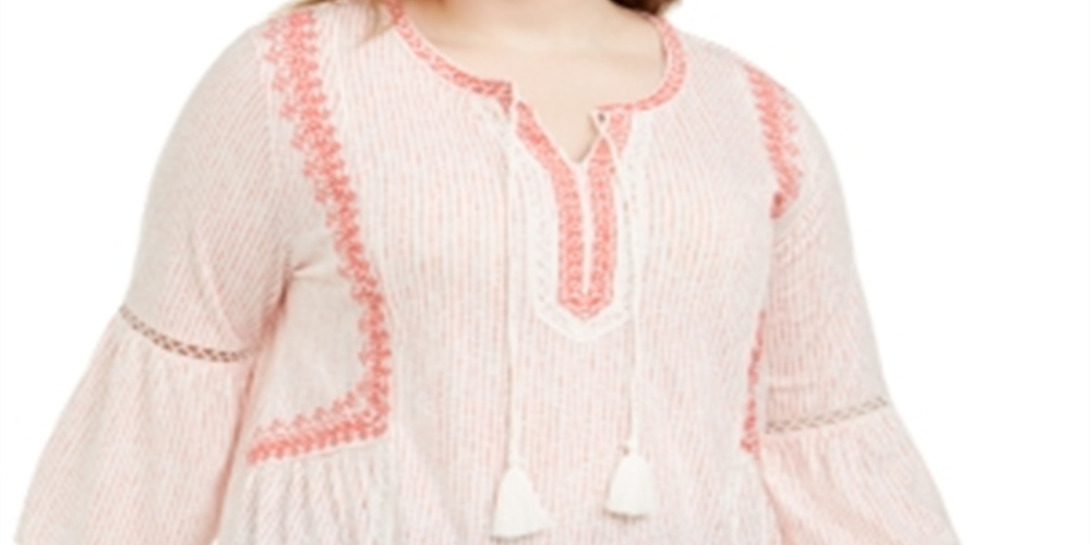 Style & Co Women's Plus Crochet Trim Bell Sleeve Peasant Top White/Pink strip Size 0X