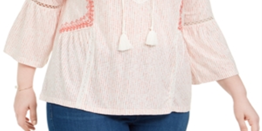 Style & Co Women's Plus Crochet Trim Bell Sleeve Peasant Top White/Pink strip Size 0X
