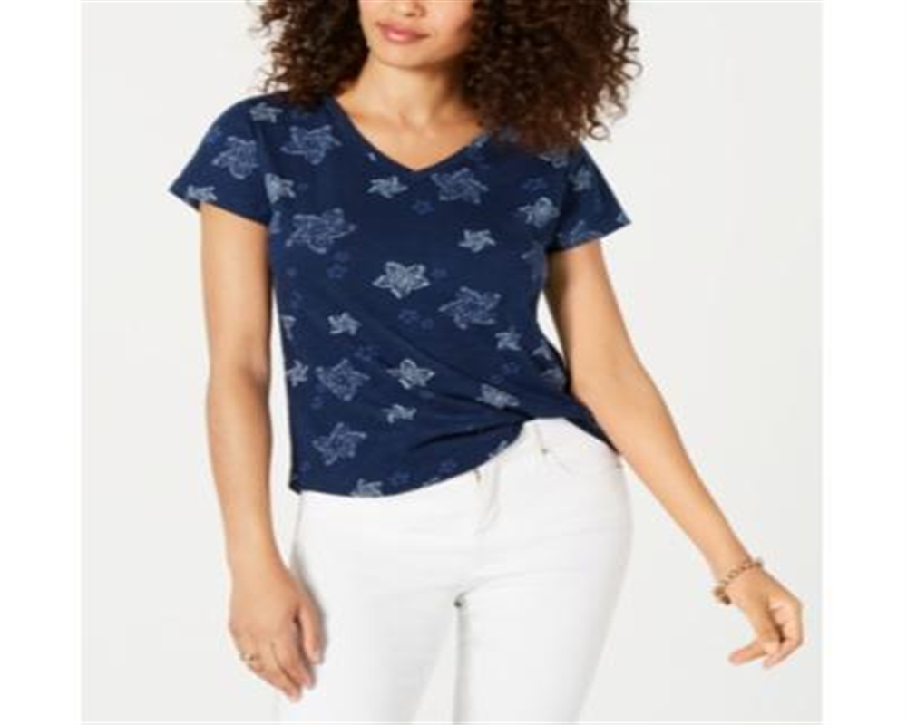 Style & Co Women's Printed V Neck T-Shirt Blue Size Petite XL